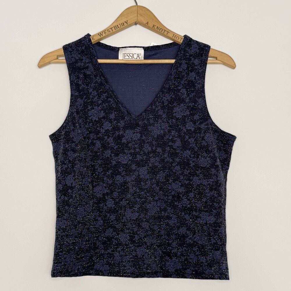 Vtg 90s Jessica navy shimmery whimsigoth witchy floral v-neck preppy tank / sz M